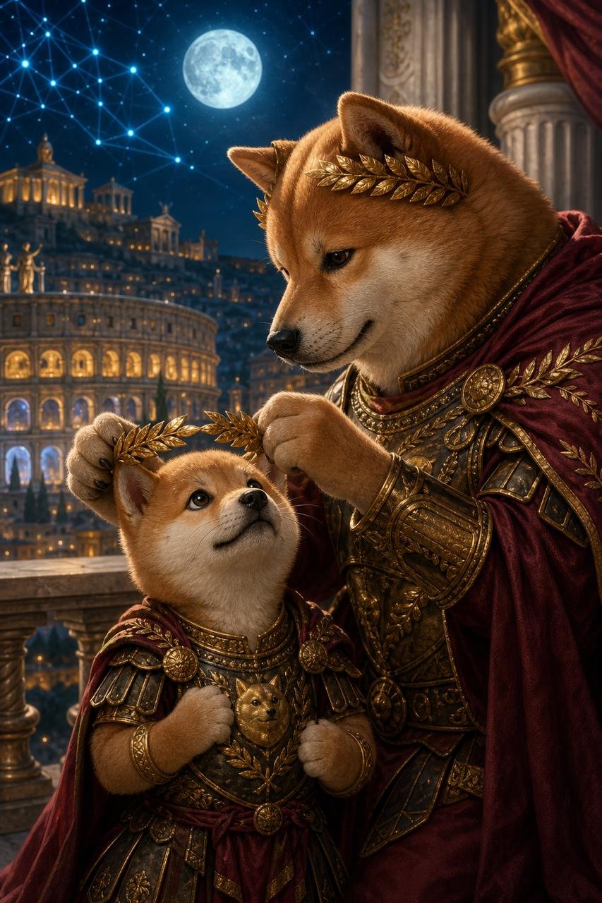 Dogeus Maximus placing a golden laurel on Dogeus Minimus